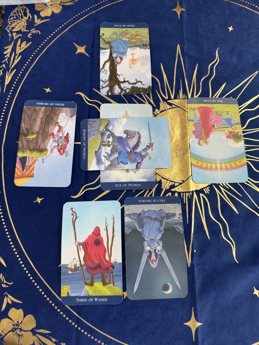 Tarot cards laid out on a blue cloth
